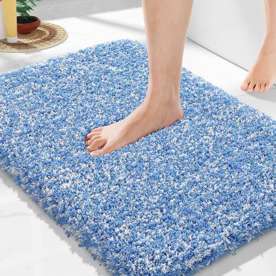 Yimobra Blue&White Bathroom Rugs Non Slip Washable 24x17,Small Bath Mat