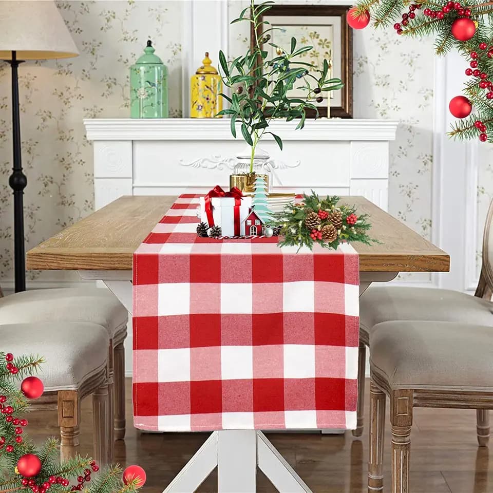 DUOBAO Buffalo Check Table Runner 14x108-Inch Home Decor Fashions Farmhouse Buffalo Check Table-Runner Paid Runners for Kitchen Table Decorations Christmas (Red and White)