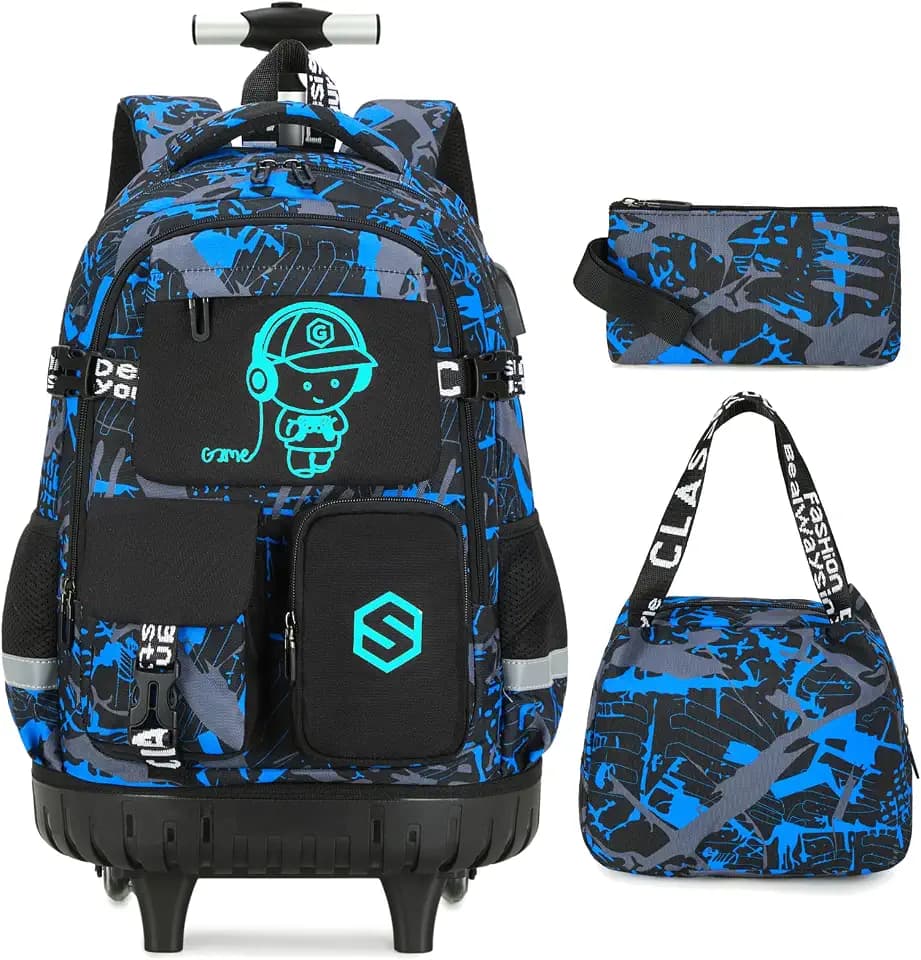 Scothen Cool Luminous Rolling Backpack for Boys with Lunch Bag Pencil Pouch