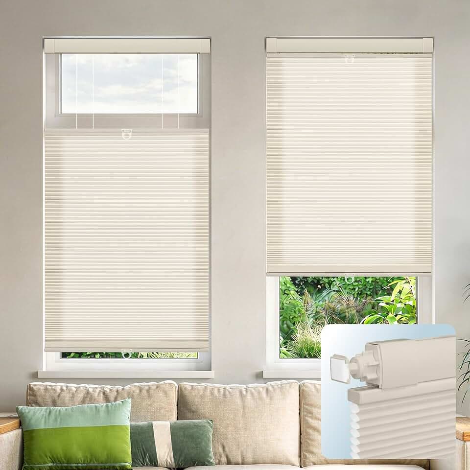 DEZ FURNISHINGS EZ Grip PRO Plus No Tools No Drill Cordless 1" Light Filtering Top Down Bottom Up Cellular Shade, Inside Mount Tension Shade with Aluminum Rails, 31.5" W x 48" H, Beige