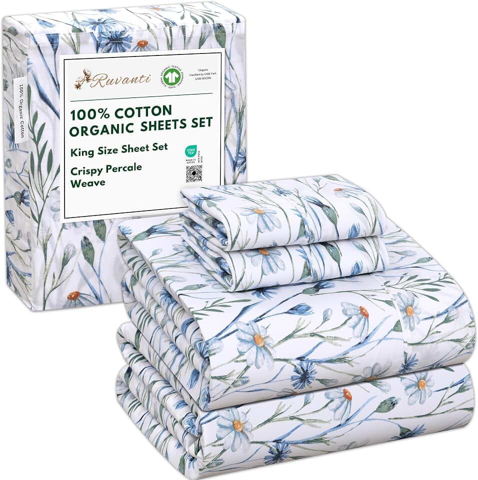 RUVANTI 100% Cotton Organic Percale King Size Sheets Set, Daisy Bud