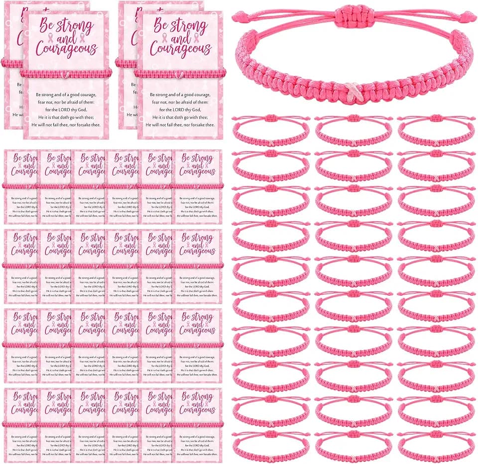 Huquary 30 Pcs Breast Cancer Awareness Bracelet Ribbon Bracelets Adjustable Cord Ribbon Braided Bracelets with Inspirational Card for Cancer Fighter Inspirational Breast Gifts for Women