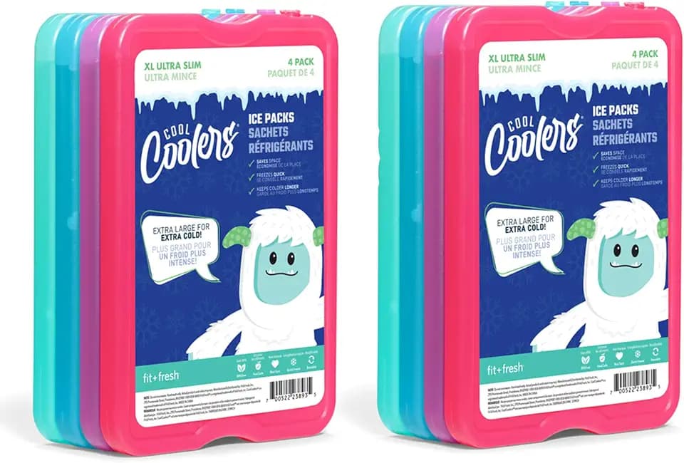 Cool Coolers by Fit & Fresh 4 Pack XL Slim Ice Packs, Quick Freeze Space Saving Reusable Ice Packs for Lunch Boxes or Coolers