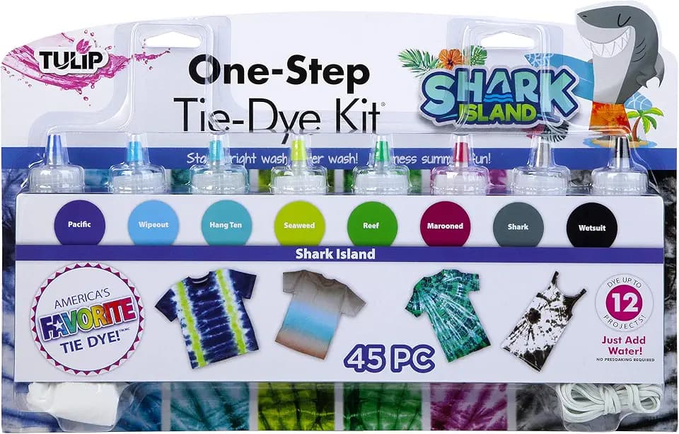 Tulip One-Step Tie-Dye Kit Shark Island Set, Easy for Beginner Skill Levels, 8 Easy Squeeze, Pre-Filled Bottles, Beachy Blue Colors