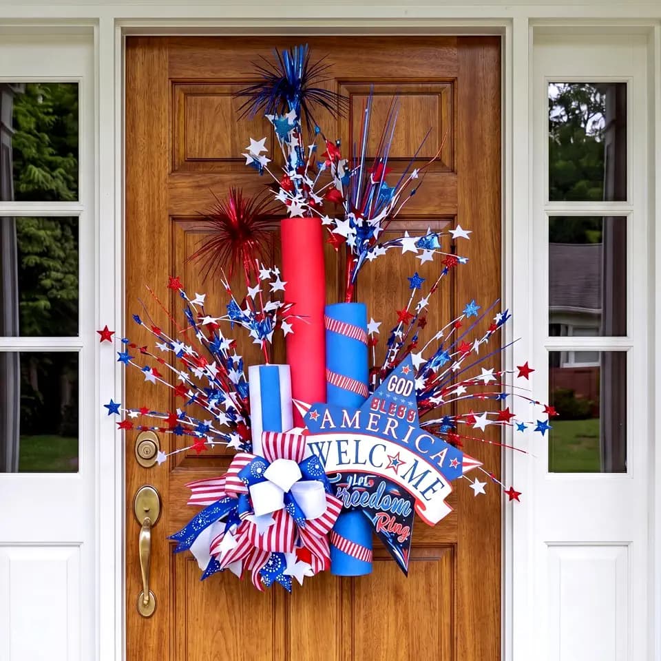 4th of July Wreath for Front Door Patriotic Red White Blue Door Hanger God Bless American Flag Wreath Independence Day 250th Anniversary Decor for Home Porch Window Indoor Outdoor Americana Decor
