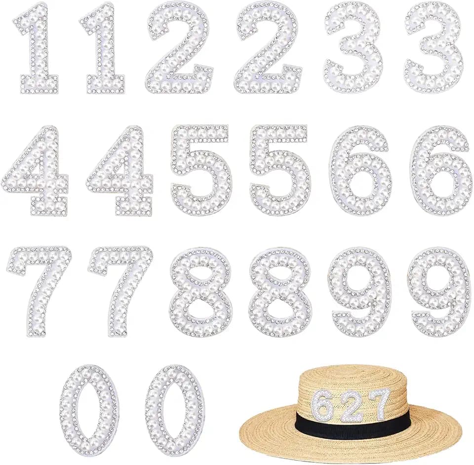 20 Pcs Pearl Numbers Stickers Rhinestone, Adhesive Pearl Letter Stickers, White 0-9 DIY Craft Patches for Scrapbook Backpack Hat
