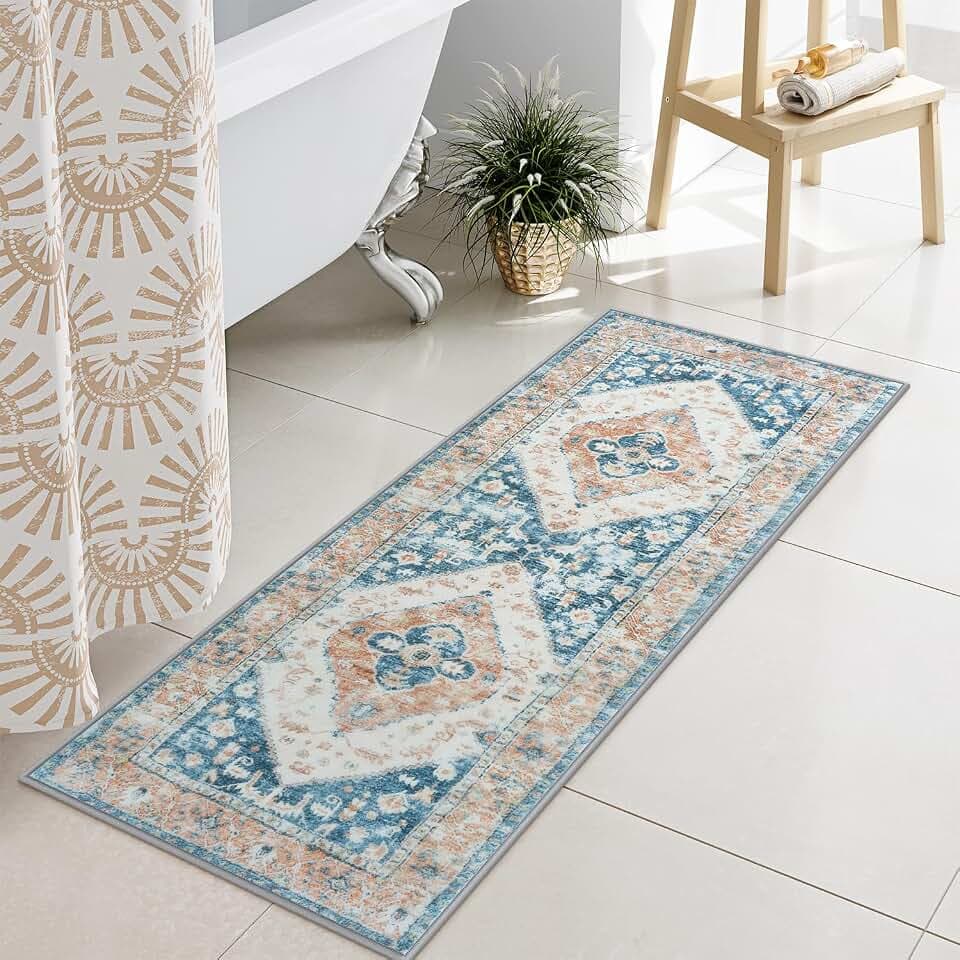 Uphome Blue Long Bathroom Rug Boho Tribal Bathroom Rug Runner Soft Plush Machine Washable Bath Mats Non-Slip Oriental Vintage Bath Rugs for Bathtub Sink Vanity, 18x47 inch
