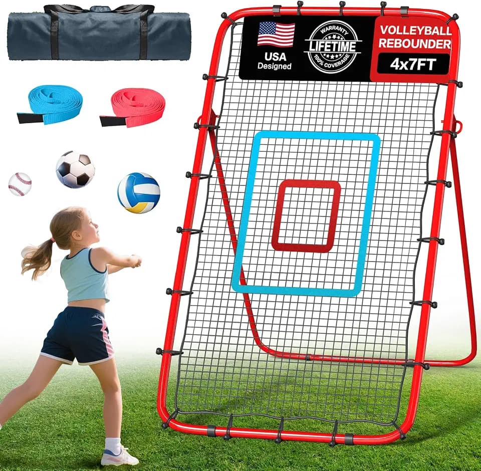 Volleyball Rebounder Net 7x4 Ft with PU Volleyball and Baseball, 5-Angle Adjustable for Practicing Digging, Setting, Spiking, Bounce Back Training Equipment with 2 Target Stripes & Portable Travel Bag