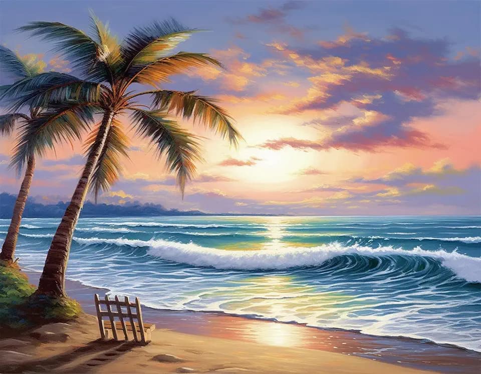 Diamond Painting Beach Sunset with Palm Trees, 30x40 cm (20x16in, Round)