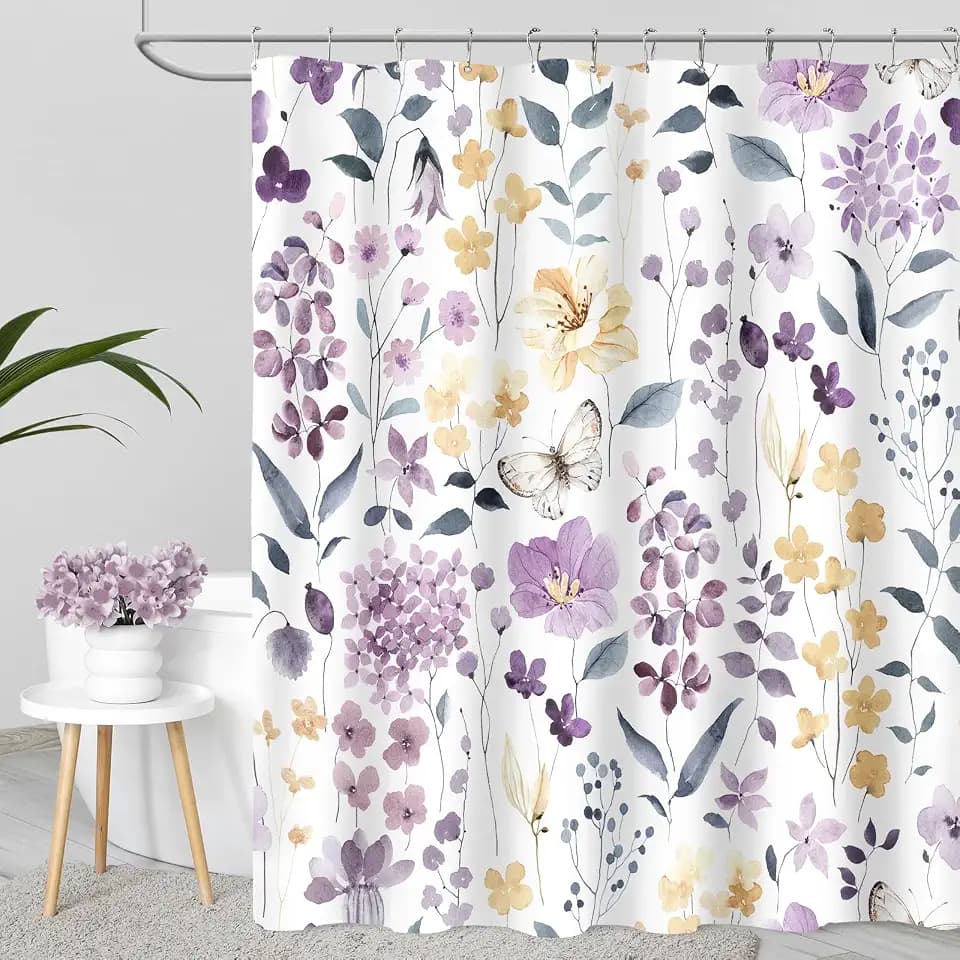 Purple Cute Floral Botanical Fabric Shower Curtain for Bathroom, 72x72