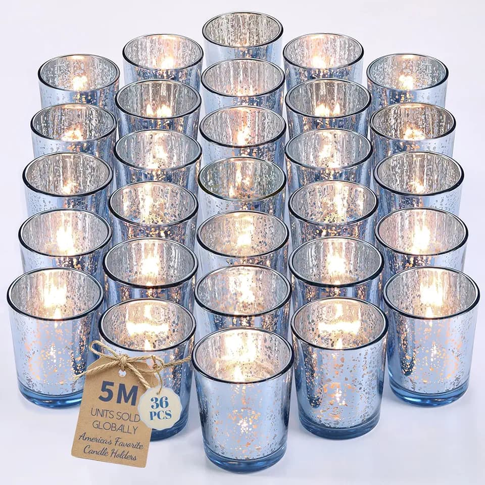 LETINE Blue Votive Candle Holders Set of 36 -Mercury Glass Candle Holders for Wedding & Baby Shower Decor - Ideal for Bridal Shower & Centerpieces for Tables