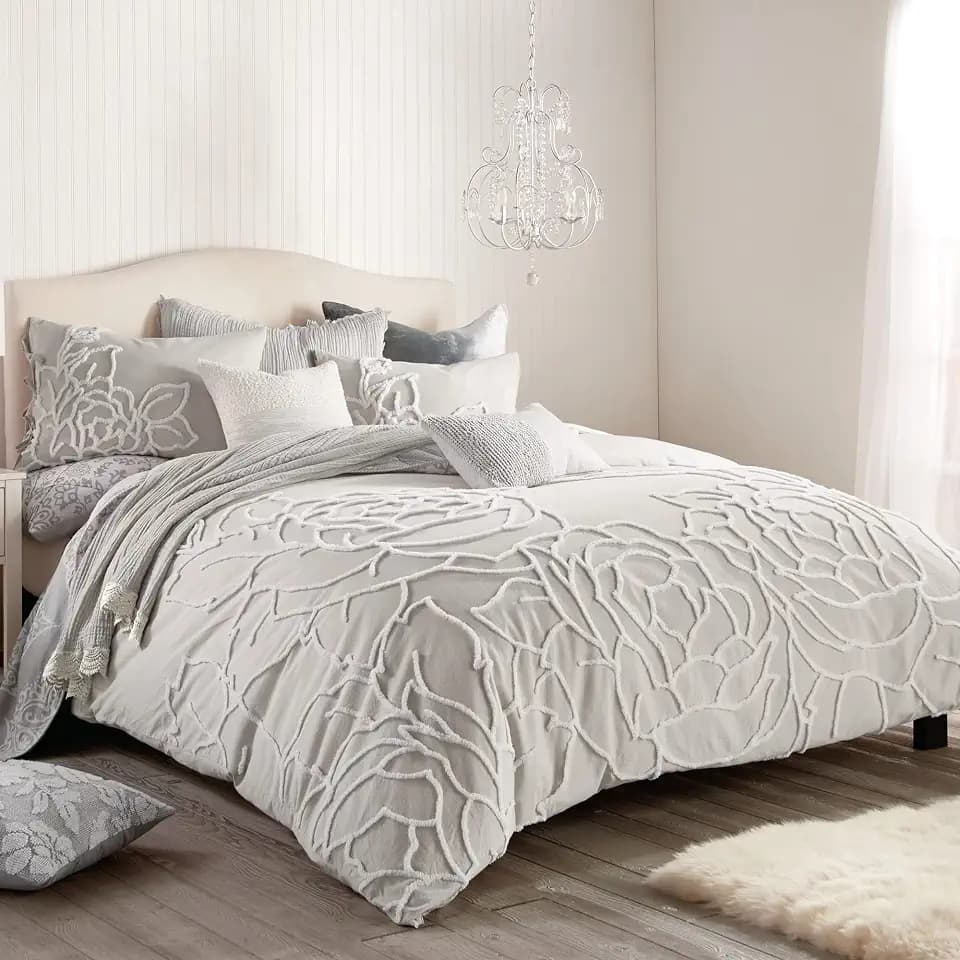 Peri Home 100% Cotton 3-Piece Duvet Cover & Sham Set, Full/Queen, Grey Chenille Rose