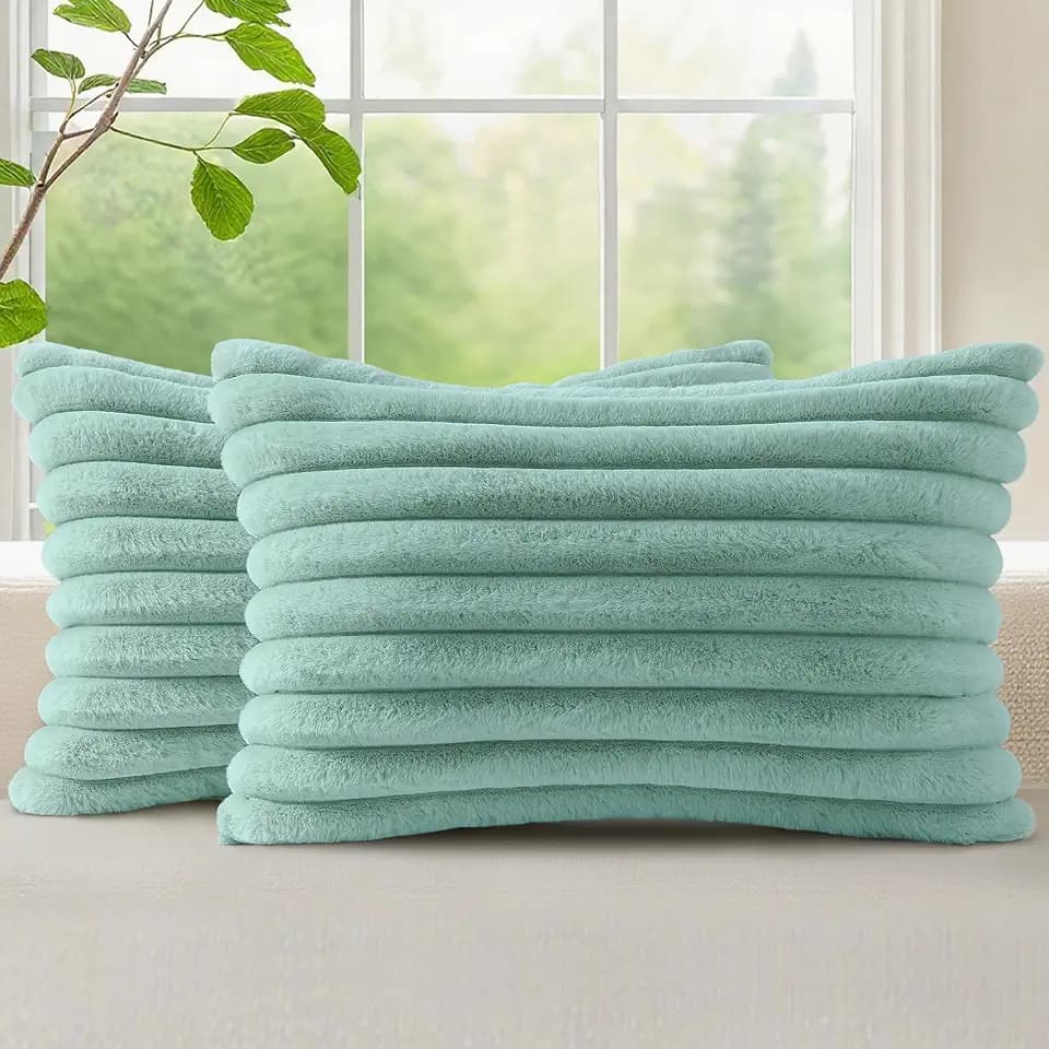 decorUhome Fall Faux Fur Throw Pillow Covers 12x20 Set of 2 Aqua