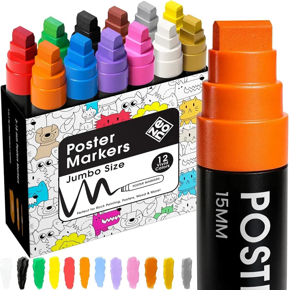 ZENO Jumbo Acrylic Paint Pens, Waterproof, 12 Colours, 3-in-1 Chisel Tip