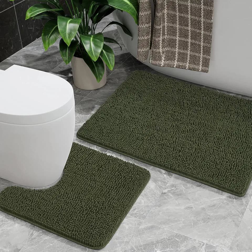 AROGAN Bathroom Rug Sets 2 Piece, 20"x20" U-Shaped & 21"×34", Olive Green