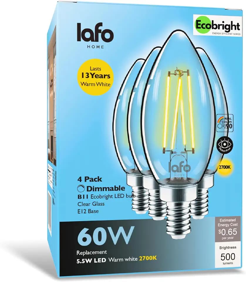EcoBright Dimmable LED Candelabra Light Bulbs, B11 Chandelier Bulbs 60W Equivalent E12 Base, 2700K Warm White, CRI90, High Color Accuracy, Flicker Free, ETL and FCC Certified 4 Pack