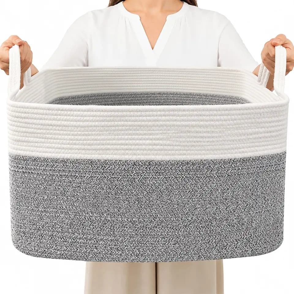 65L Laundry Basket with Handles, Woven Blanket Basket, White/Grey