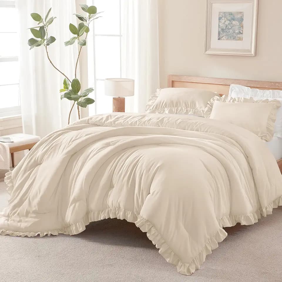 Andency Beige Queen Comforter Set, 3 Pieces Farmhouse Shabby Chic Bedding