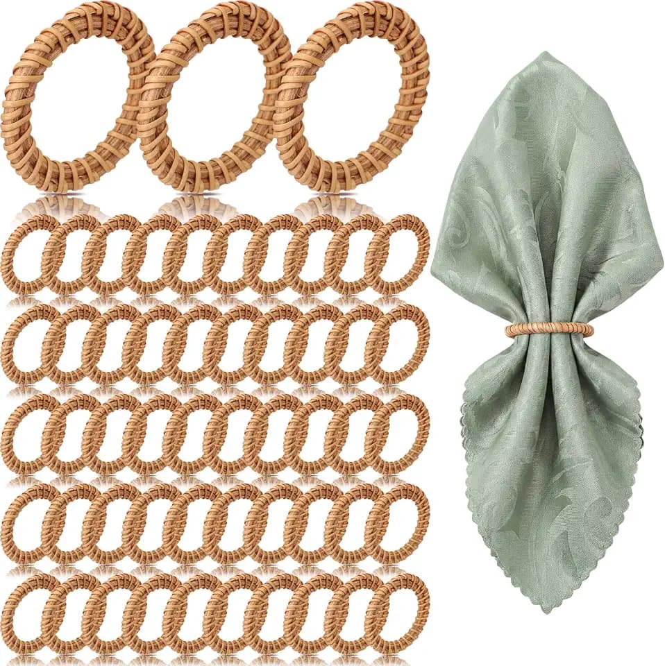 50 Pcs Boho Woven Rattan Napkin Rings, Natural