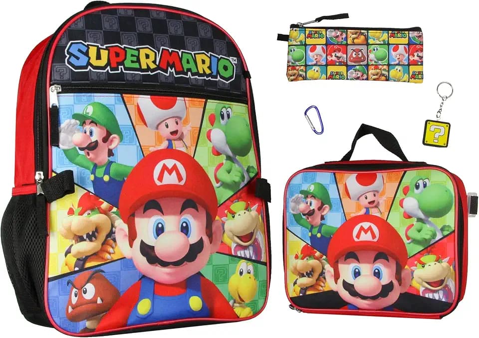 Super Mario Bowser Yoshi Luigi 5PC Kids Lunch Box And Backpack Set
