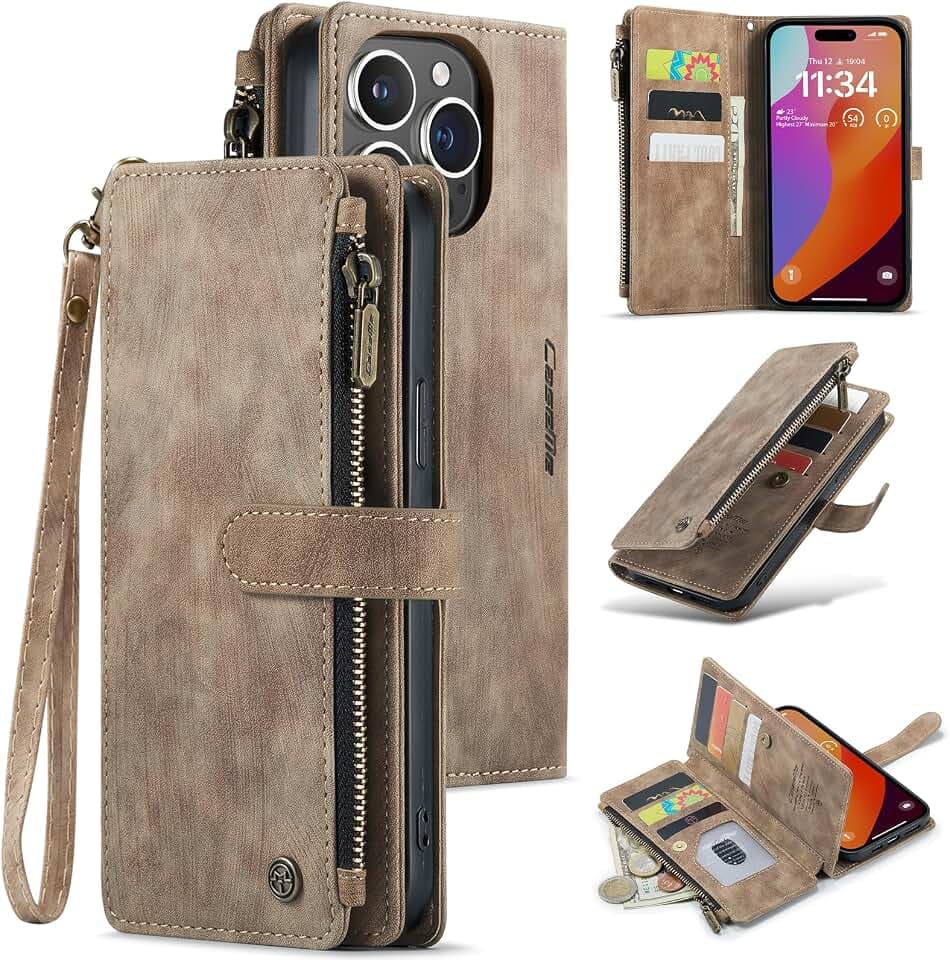 UEEBAI Hülle für iPhone 16 Pro, Premium PU Lederhülle, Braun