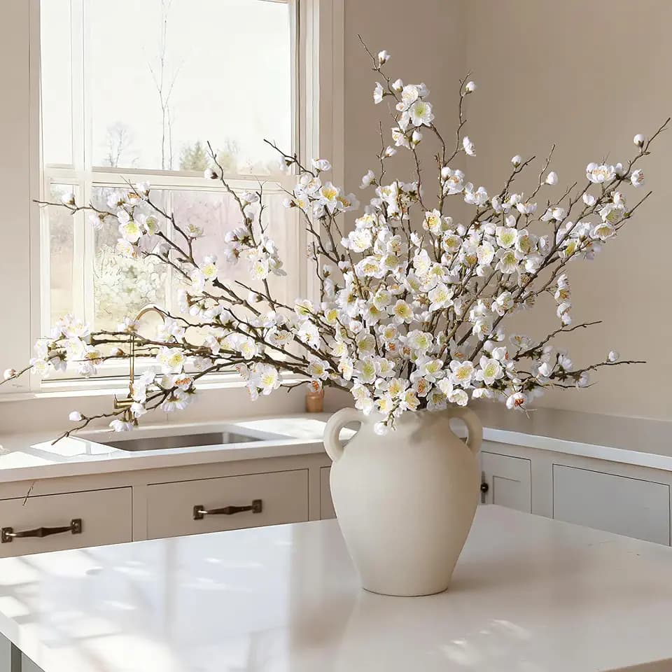 florisso 6 PCS Artificial Cherry Blossom Branches Spring Indoor Decoration, Faux Flowers 34.45" Long Stems Plum Fake Peach Plants Real Touch Silk for Wedding Home Bedroom Party Table Office, White