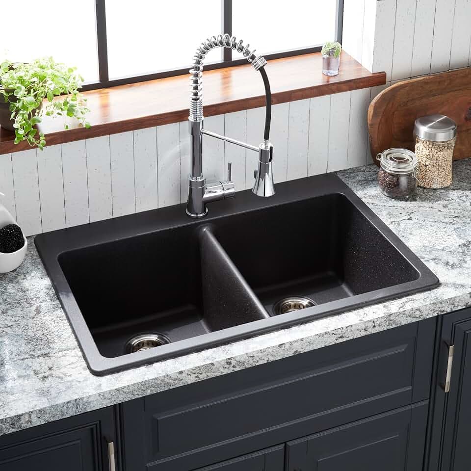 Signature Hardware 447668 Totten 33" Drop In or Undermount 50/50 Double Basin Granite Composite Kitchen Sink