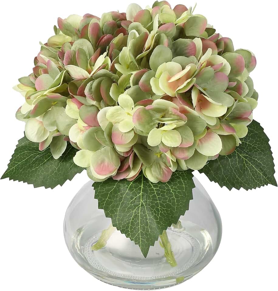 Artificial Hydrangea Flowers with Glass Vase & Fake Water - Faux Hydrangea for Home Table, Wedding Party, Office Decor | Realistic Fake Hydrangeas, Silk Flowers for Vase Arrangement (Hydrangea, green)