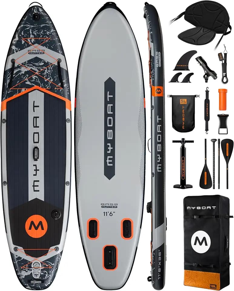 MYBOAT 11'6"×34"×6" Extra Wide Inflatable Paddle Board, Stand Up Paddle Board for Fishing, Sup Board with 3 Removable Fins, Dual Bungees, Camera Mount, Hand Pump, Strong Paddle,Leash