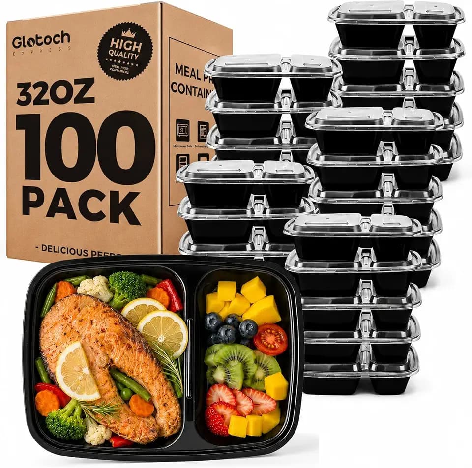 Glotoch 100 Pack(200-Piece)32oz 2-Compartment Meal Prep Containers with Lid