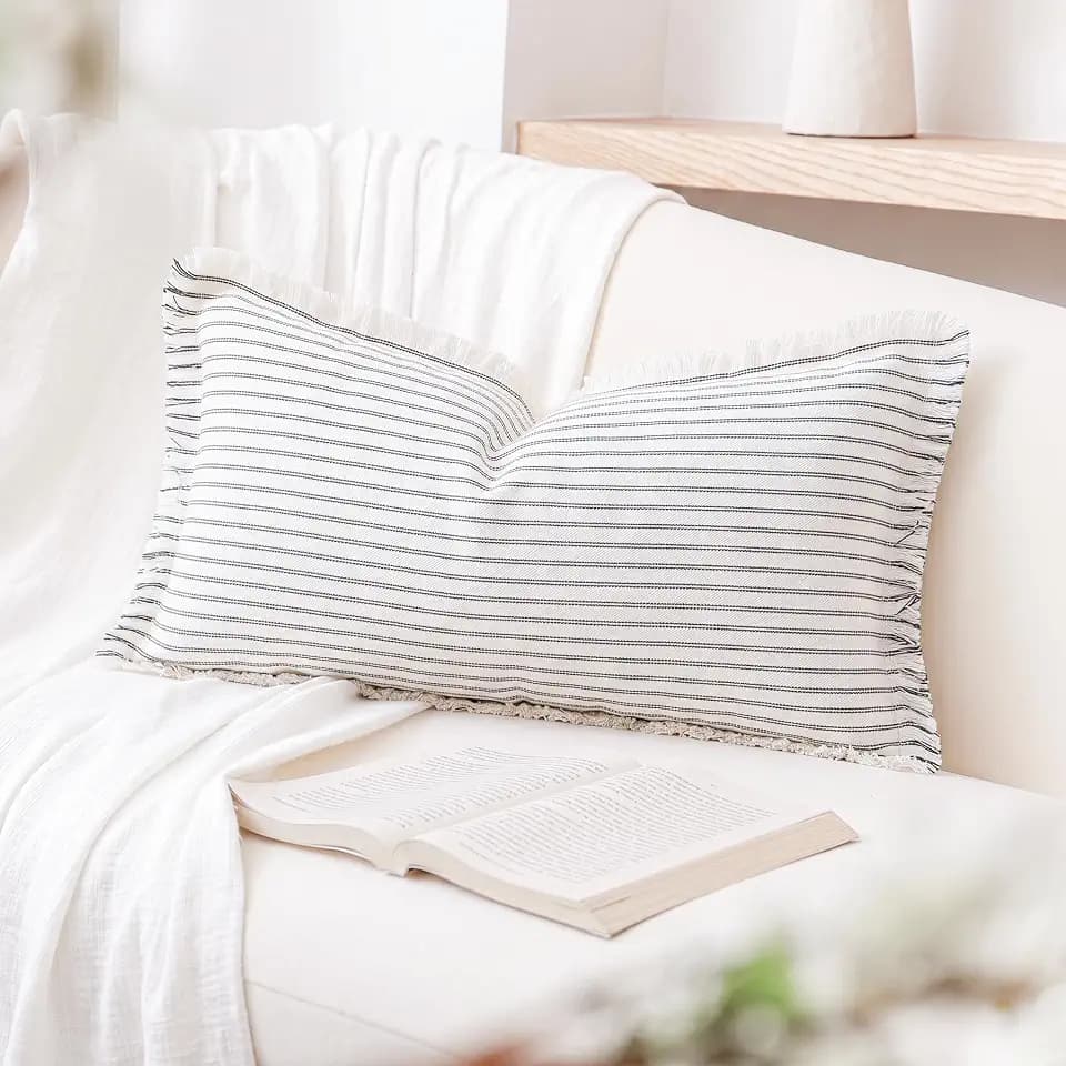 PANOD Decorative Boho Long Lumbar Pillow Cover 14x20,Super Soft Cotton Modern Long Rectangle Pillow Cover Pillow Case for Bed Sofa Couch Farmhouse Livingroom,Black