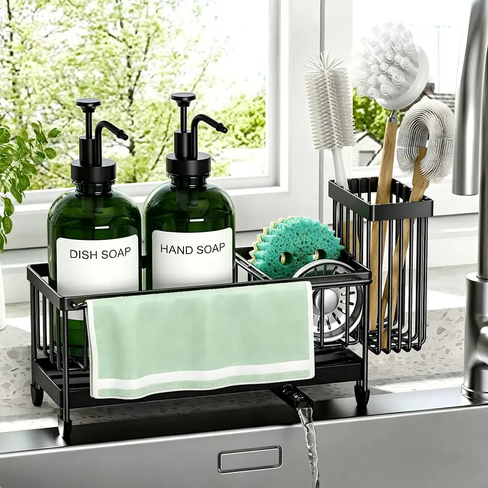 Kitchen Soap Dispenser Set with Sponge Holder and Towel Rack, 17OZ Glass Bottle, Hand and Dish Soap Dispenser Set, Non-Slip Silicone Pad, Brush Holder, Kitchen Sink Caddy Organizer Countertop (Green)