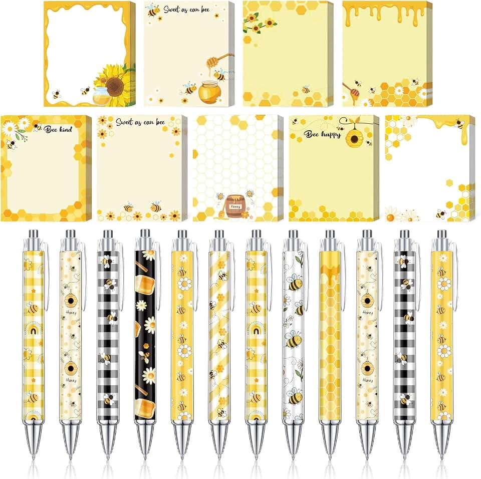 Geyoga 24 Pcs Bee Sticky Notes with Pens - Bee Themed Gift Stationery Set Cute Self Adhesive Notepads Honey Memo Notes Ballpoint Pens for School Office Home Teachers Party Supplies