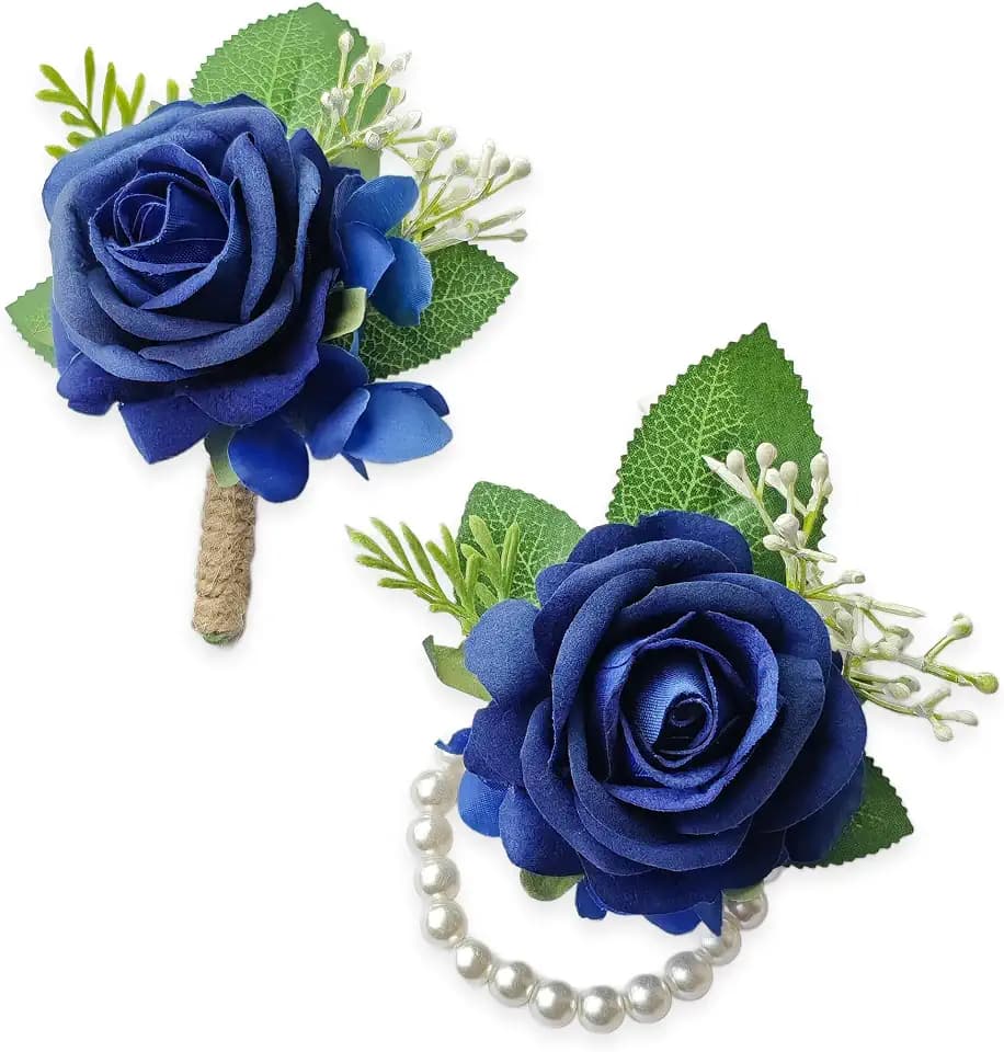 Athens Blue Rose Corsage and Boutonniere Set Wristlet Corsage for Bride Bridesmaids, Boutonniere for Groom Groomsmen Prom Wedding Flowers Accessories,Homecoming, Anniversary, Graduation (Athens Blue)