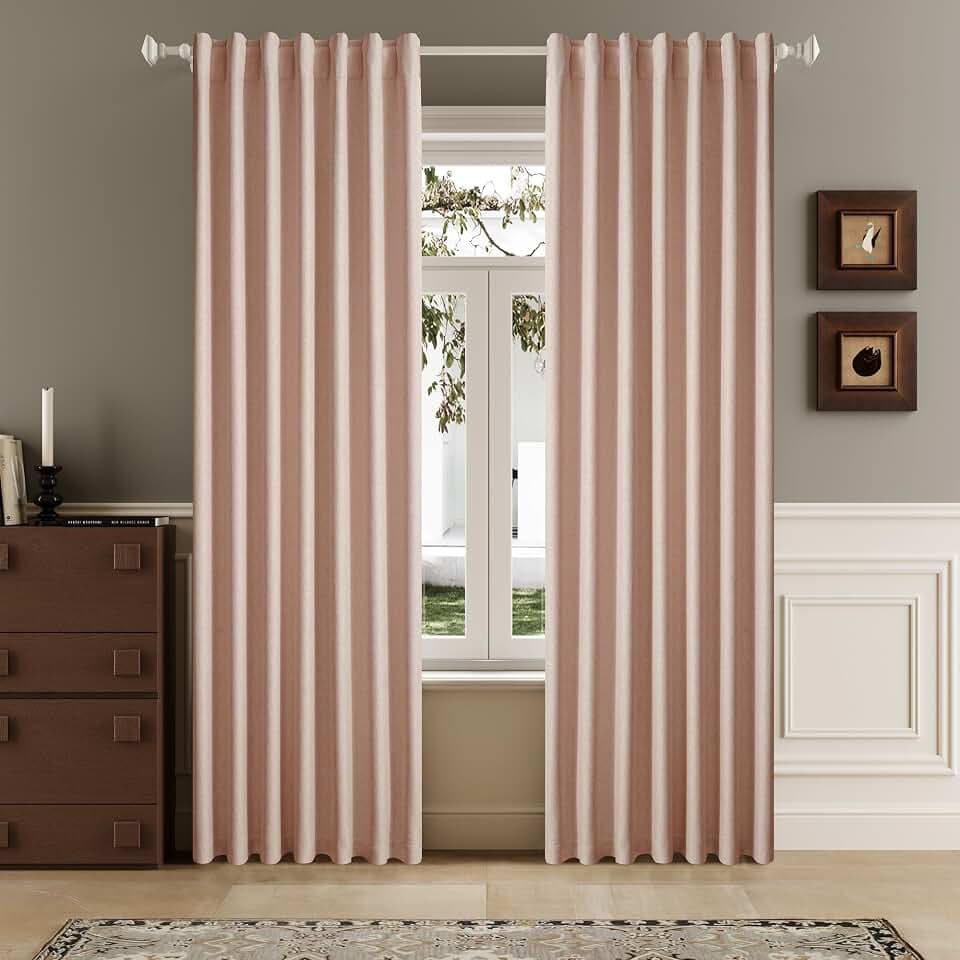 DUALIFE Faux Linen Blackout Baby Pink Curtains 80 Inch Long,Farmhouse Back Tab Rod Pocket Curtains Room Darkening Thermal Insulated Drapes for Bedroom Living Room,W50 x L80,2 Panels