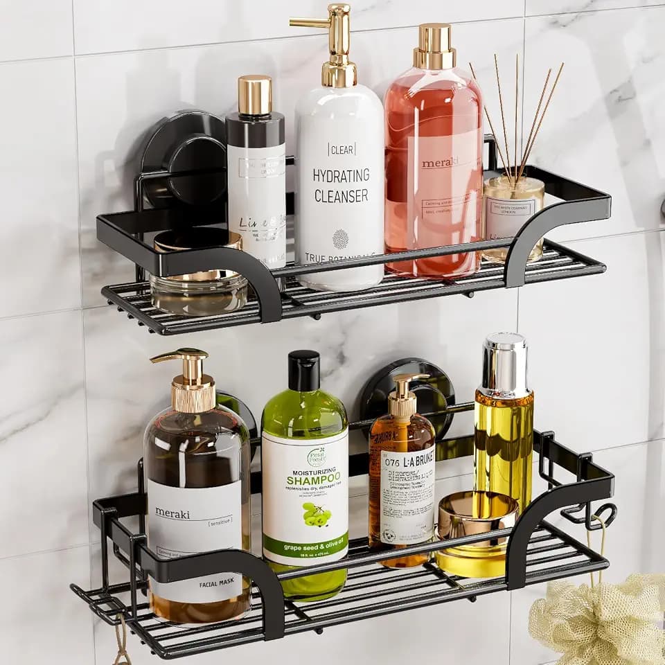 LEVERLOC Shower Caddy Suction Cup, 2 Pack Shower Shelves for Inside, Black