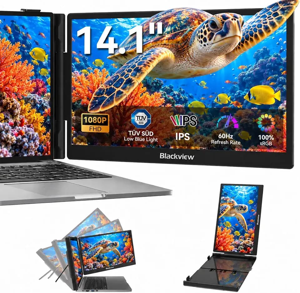 Blackview Laptop Monitor Erweiterung 14" Ultradünn FHD 1080P IPS Portable Monitor, Eingebauter Stand/Lautsprecher, Dual Screen für 13“-17“ Laptops, Plug & Play Geeignet für Mac, Wins, Android