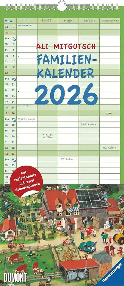 DUMONT - Ali Mitgutsch Familienkalender 2026 – Wandkalender 22x50 cm – Familienplaner mit 5 Spalten & Wimmelbildern des Kinderbuchklassikers: Mit Ferientabelle und zwei Stundenplänen