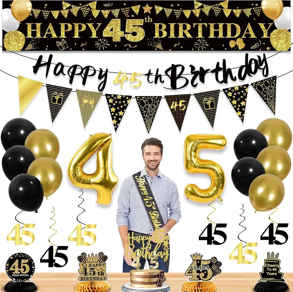 45th Birthday Decorations for Men, Black Gold 45th Party Decoration Kits
