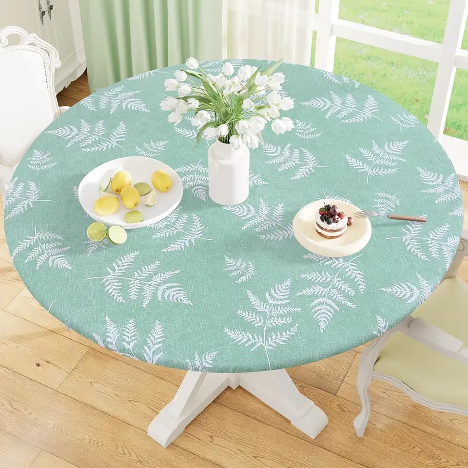 misaya Round Fitted Tablecloth with Elastic Edge, Waterproof Oil Proof Plastic Table Cover, Vinyl Flannel Backed Tablecloth Fits 36"-44" Round Tables for Dinner, Outdoor, Picnic, Light Green Leaves