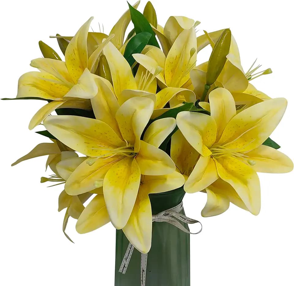 ATFL Artificial Lilies Flowers,9 Pcs Faux Lily Flowers,16''Tiger Lily Branches with 2 Full Blooms and 1 Bud,Faux Fake Lilies Plants for Wedding Bouquet Floral Arrangements (9, Yellow)