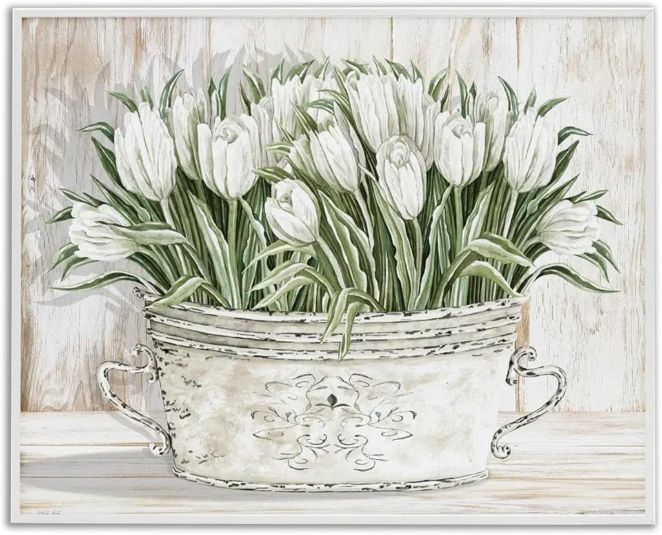 'Fresh White Tulip Flowers Vintage'| Framed Giclee Art
