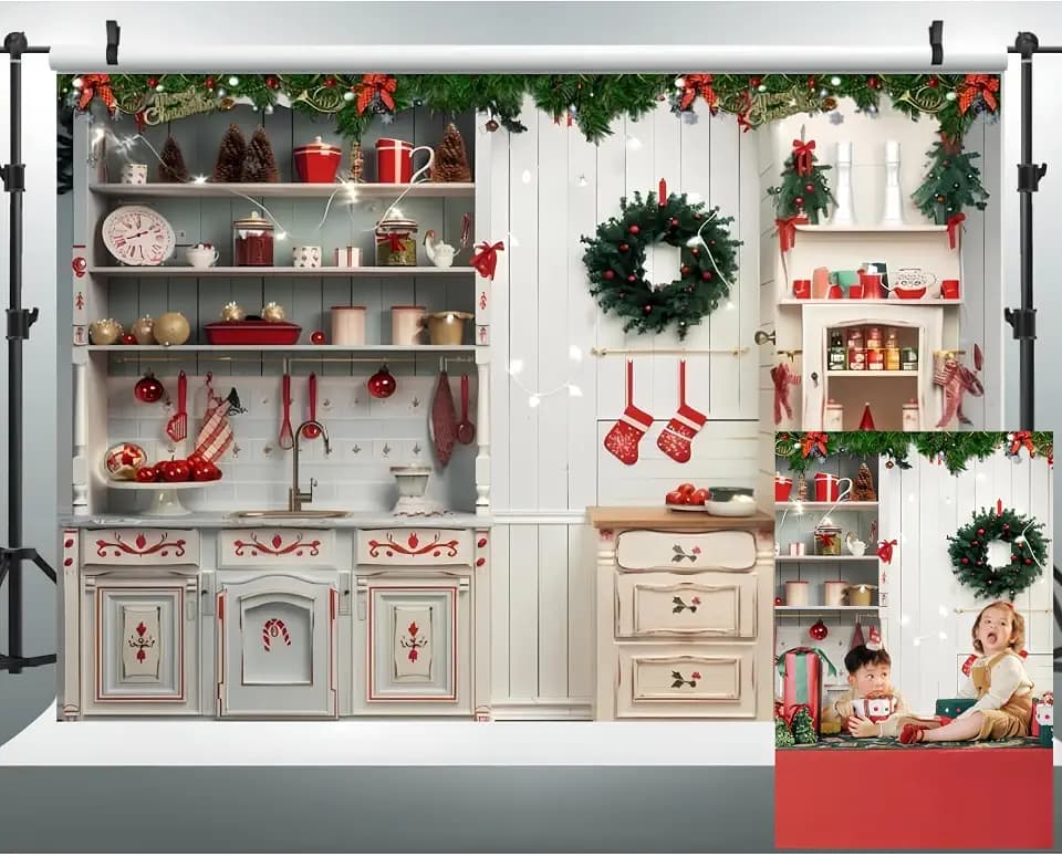 WaW 2.7x1.8m Weiß Holz Schrank Küche Weihnachten Fotohintergrund Stoff Weihnachs Hintergrund Fotostudio Fotografie Kinder Baby Shooting