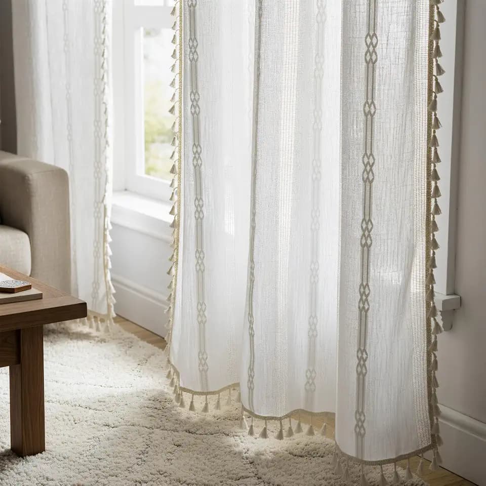 ColorBird White Boho Curtains Linen-Textured Light Filtering for Living Room Bedroom 84 Inches Farmhouse Embroidered Striped Whimsical Curtains & Drapes Window Treatment for Nursery Dining Room