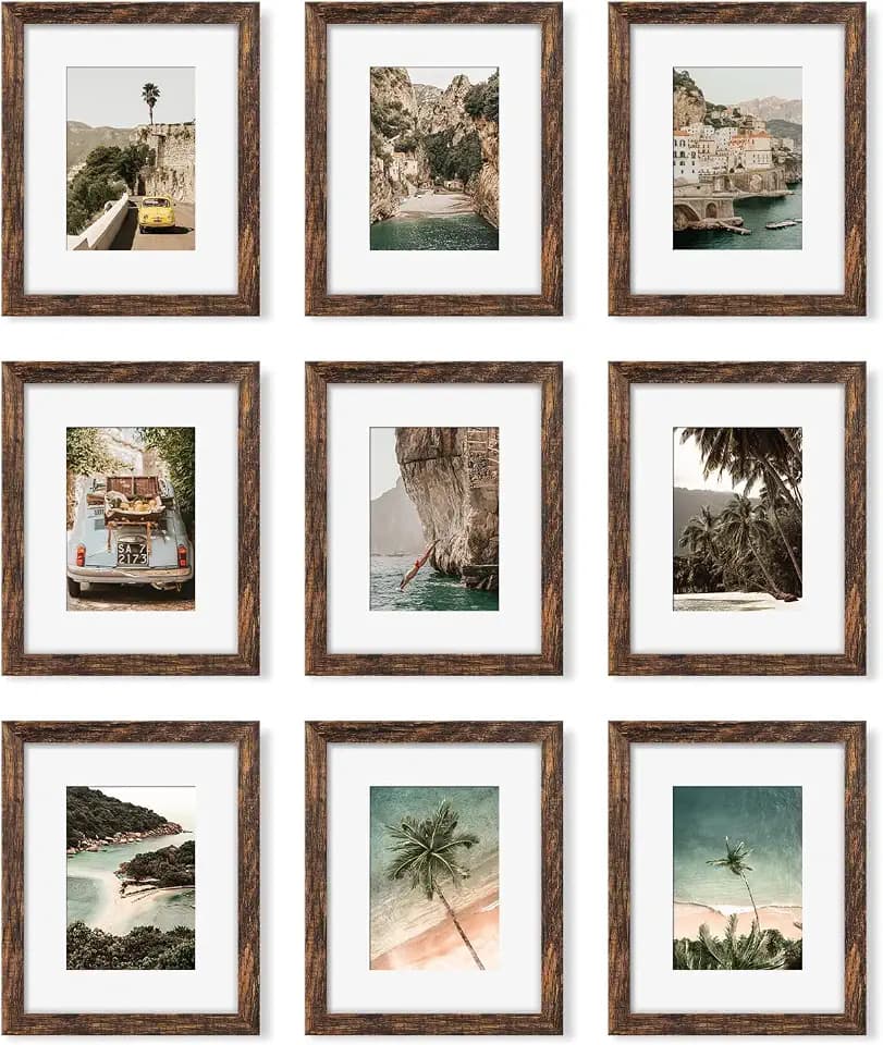 YESKAY 8x10 Picture Frame Set of 9, Display Pictures 5x7 with Mat or 8 x 10 Without Mat, Multi Photo Frames for Wall Mounting or Table Top Display, Rustic Brown