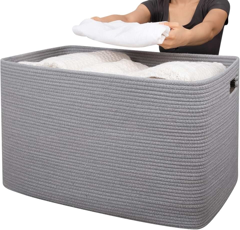 OIAHOMY 118L XXXLarge Rope Storage Basket, Oversized Blanket Basket Grey