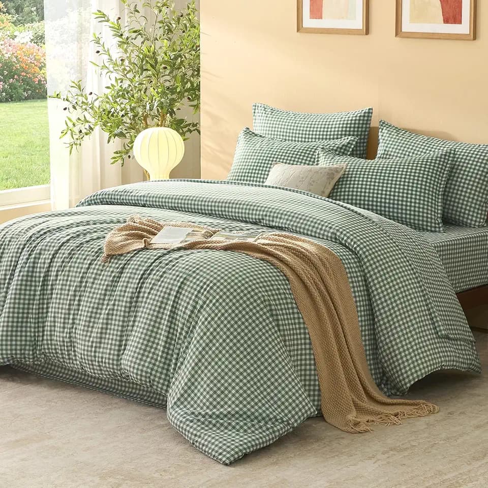 Litanika Forest Green Gingham King Comforter Set 7 Pieces