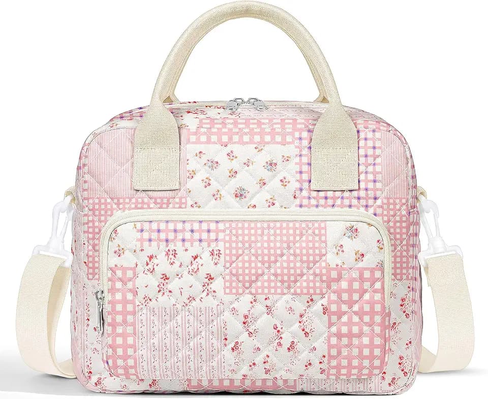 Quilted Lunch Box for Women, Large Insulated Lunch Bag for Adult,Elegant Pink Bow Cute Portable Tote Bags for Work Travel Beach Picnic (Pink Patchwork, M)