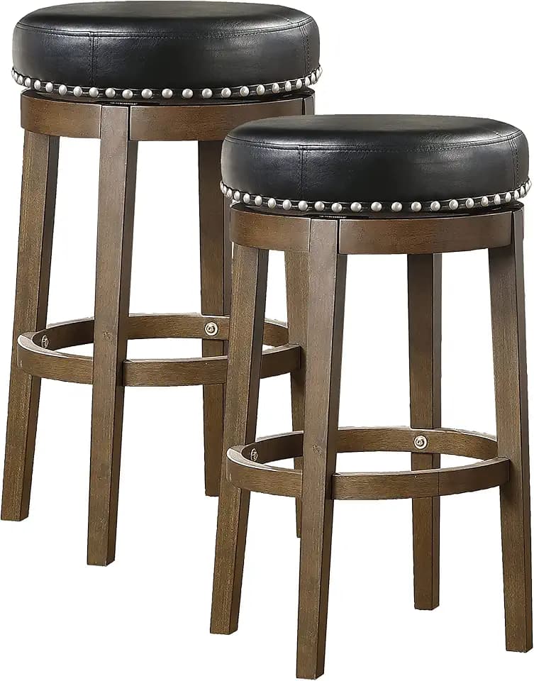 Lexicon Swivel Bar Stools, Faux Leather Round Seat, Set of 2, 30.5"H, Black