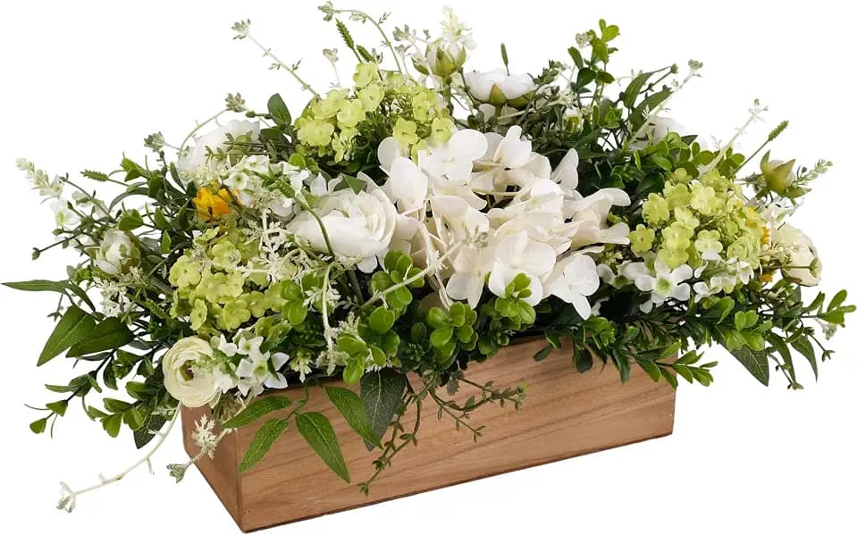Spring Summer Centerpiece for Table, 18" L Lifelike Artificial Flowers in Rustic Whitewashed Rectangular Wood Box, Lush Spring Faux Floral Arrangement Farmhouse Mantel Shelf Kitchen Island Decor